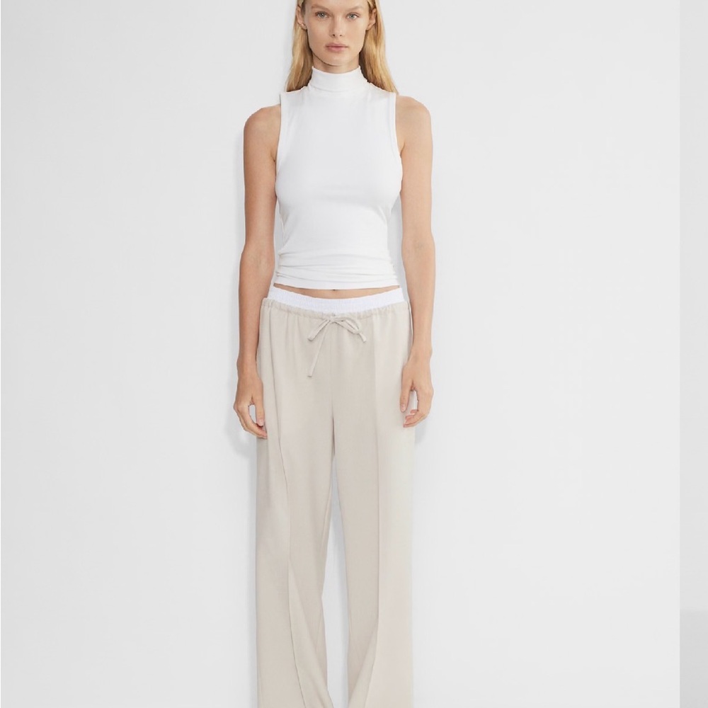 NWT!Aritzia Babaton Equity Pants Wide-leg 95%wool twill pants Size L Matte Pearl